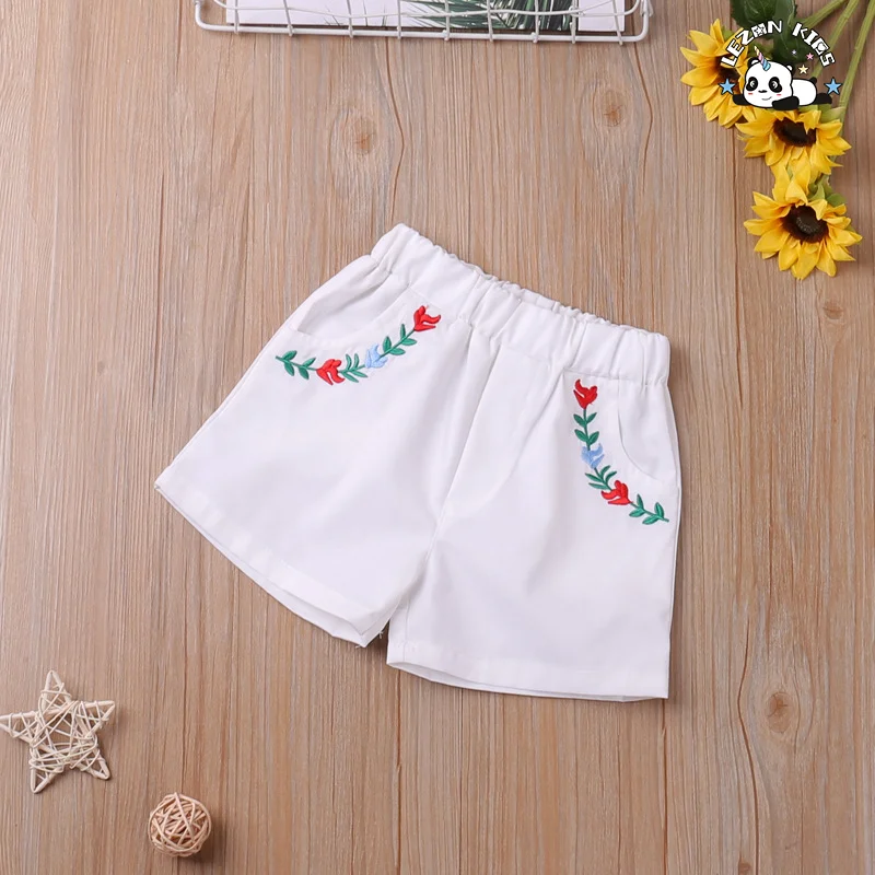 LEZONKIDS - Customized Girls Clothing Toddler Girls Clothing Sets Ruffle Flower Embroidery Short Girls Set